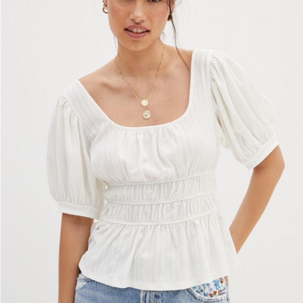 Maeve Ruched Puff-Sleeved Blouse by Anthropologie